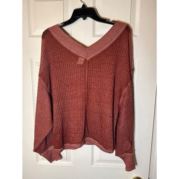 We The Free‎ Waffle Knit Top Woman XS Sweater Long Sleeve Burnt Orange V Neck - Picture 7 of 11